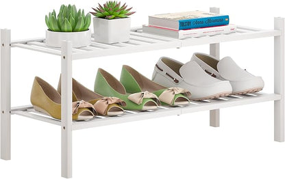 Bamboo Shoe Rack Stackable Shoe Shelf Storage Organizer for Unit Entryway Hallway and Closet Sturdy Freestanding Shoe Shelf(2 Tier White)