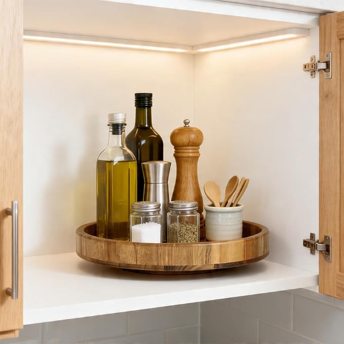 12'' Acacia Wood Lazy Susan Organizer Turntable for Cabinet, Round Wooden Spice Organization and Storage, Rotating Condiment Organizer for Pantry, Kitchen, Cupboard, Table Top, Countertop