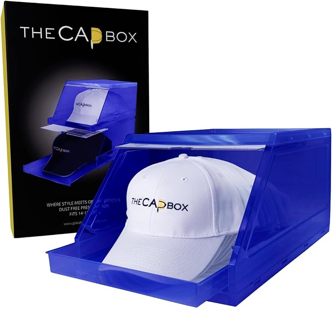 The CapBox 2.0 (2 Pack Blue) Hat Organizer for Baseball Caps, Stackable Sliding Tray Hat Rack & Hat Holder Hat Hanger Cap Storage Container 2 Yr. Warranty Anti Tilting & Tray Stopper