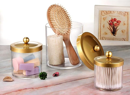 SheeChung 3-Pack Plastic Apothecary Jars with Gold Metal Lids - Large 50oz, 25oz & 15oz Clear Acrylic Storage Set - Shatterproof Modern Luxury Vanity & Home Organizer - Glam Decor