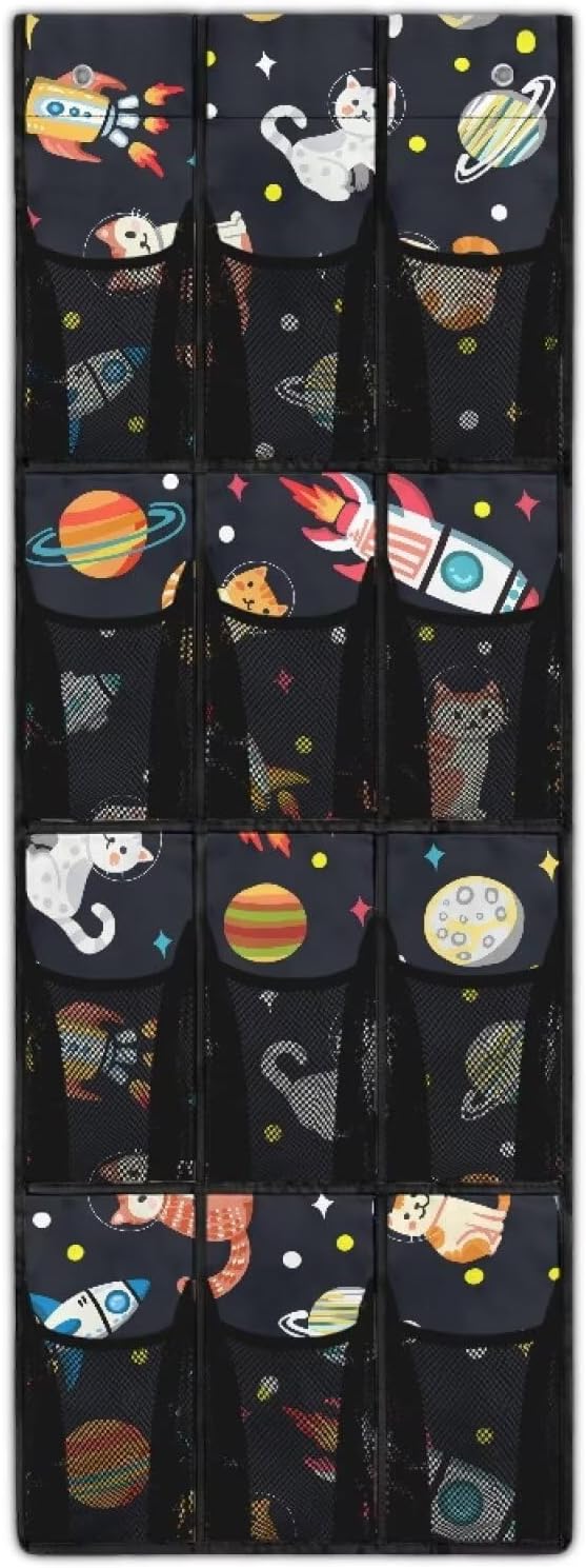 Planet Rocket Over the Door Shoe Rack 4 Shelf 12-Pocket Heavy Duty Hanging Storage Organizer No Drill Door Rack for Toys Snacks Shoes Large Storage Bag for Kids Room