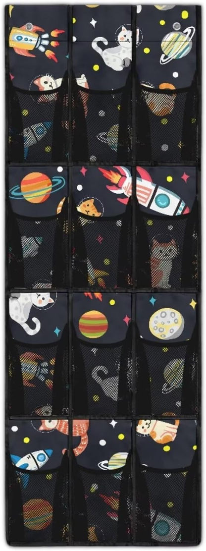 Planet Rocket Over the Door Shoe Rack 4 Shelf 12-Pocket Heavy Duty Hanging Storage Organizer No Drill Door Rack for Toys Snacks Shoes Large Storage Bag for Kids Room