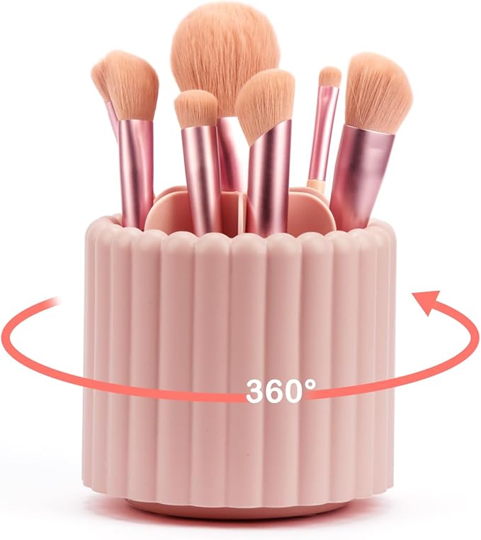 360 Rotating Makeup Brush Cup,Pink Cute Brush Organizer , Removable 7 Slots Spinning Cosmetic Brushes Storage Pen Holder for Vanity, Dresser, Desk, 5 Inch | 1 Pack