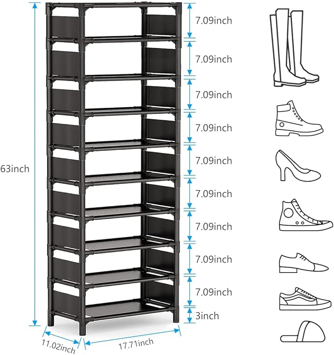 Shoe Rack - 10 Tiers Shoe Organizer with Detachable Fabric Shelves & Metal Frame, Up to 20-25 Pairs Narrow Tall Shoe Rack for Closet, Entryway, 17.7" x 11.0" x 63"
