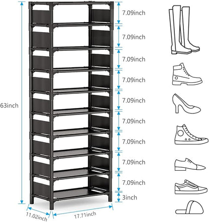 Shoe Rack - 10 Tiers Shoe Organizer with Detachable Fabric Shelves & Metal Frame, Up to 20-25 Pairs Narrow Tall Shoe Rack for Closet, Entryway, 17.7" x 11.0" x 63"