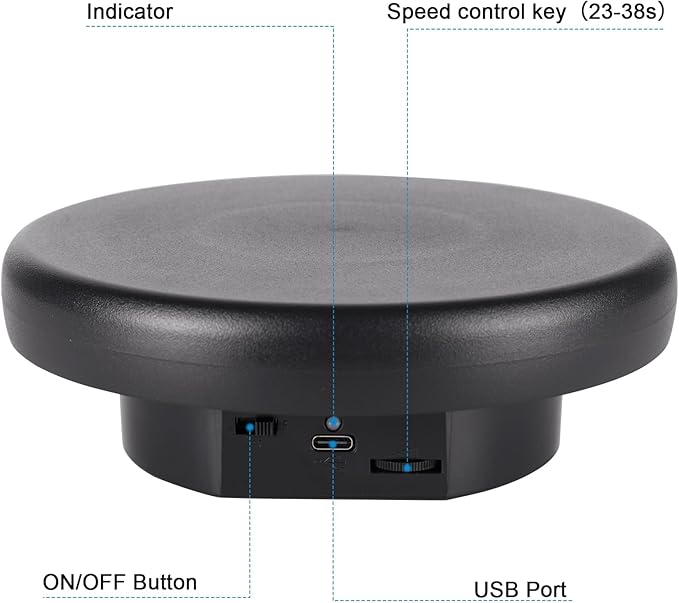360° Electric Rotating Platform with Type-C Cable, 6.3in / 15lb Motorized Rotating Display for Jewelry Photography Products Live Show Video shoot, Mushroom Rotating Stand for 3D Model Cake Black