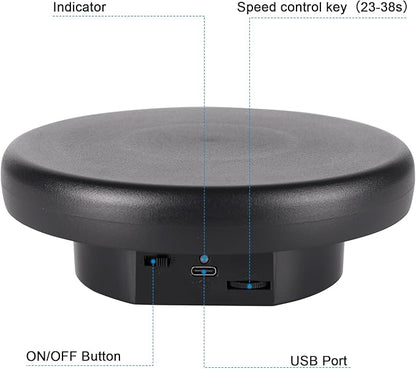 360° Electric Rotating Platform with Type-C Cable, 6.3in / 15lb Motorized Rotating Display for Jewelry Photography Products Live Show Video shoot, Mushroom Rotating Stand for 3D Model Cake Black