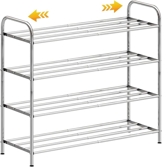 4-Tier Expandable Shoe Rack – Adjustable Heavy Duty Organizer Shelf | 100% Stainless Steel & 4-Rod Stretchable | Small Space Shoe Rack for Closet Entryway (15" to 27", Silver)