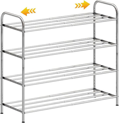 4-Tier Expandable Shoe Rack – Adjustable Heavy Duty Organizer Shelf | 100% Stainless Steel & 4-Rod Stretchable | Small Space Shoe Rack for Closet Entryway (15" to 27", Silver)
