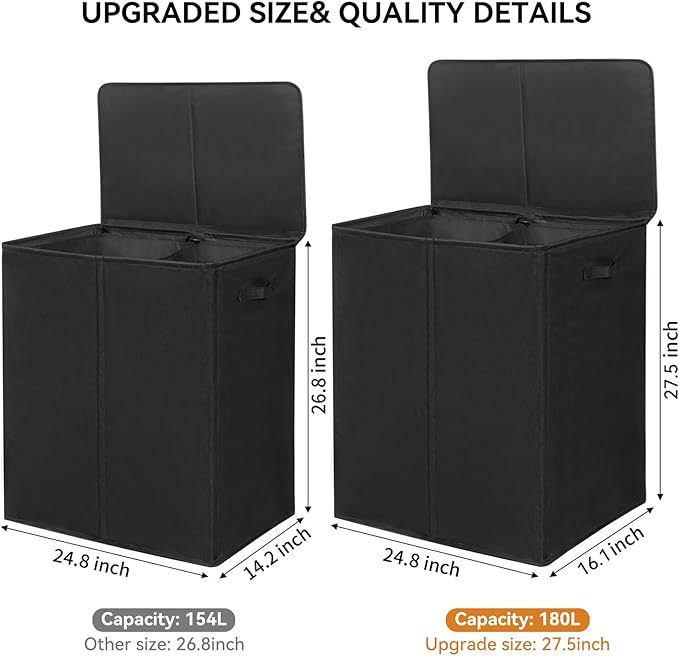 WOWLIVE 180L Double Laundry Hamper with Lid and Removable Laundry Bags, Large Dirty Clothes Hamper 2 section Collapsible Laundry Basket Dorm Room Storage for Bedroom, Bathroom, College,Black