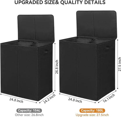 WOWLIVE 180L Double Laundry Hamper with Lid and Removable Laundry Bags, Large Dirty Clothes Hamper 2 section Collapsible Laundry Basket Dorm Room Storage for Bedroom, Bathroom, College,Black