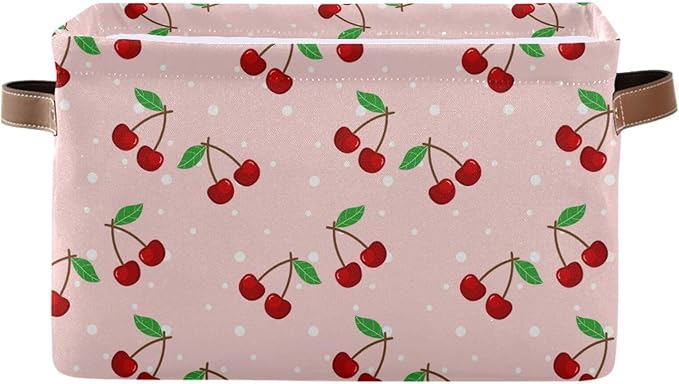 Storage Basket Cherry Rectangular Collapsible Canvas Shelves Storage Bins with Leather Handles for Shelves Home Closet Bedroom Living Room, 1Pack