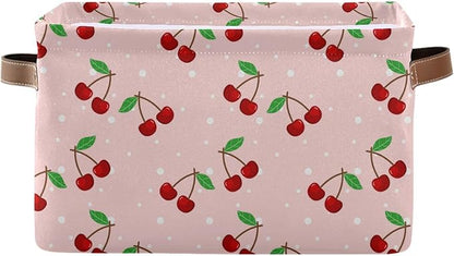 Storage Basket Cherry Rectangular Collapsible Canvas Shelves Storage Bins with Leather Handles for Shelves Home Closet Bedroom Living Room, 1Pack