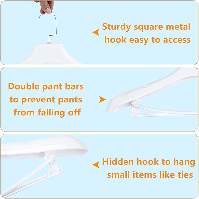 DEDU Suit Hangers for Men 10 Pack, White Coat Hangers Wide Non Slip Width 17.7", Thick Plastic with Pants Bar & Metal Hook
