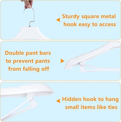DEDU Suit Hangers for Men 10 Pack, White Coat Hangers Wide Non Slip Width 17.7", Thick Plastic with Pants Bar & Metal Hook