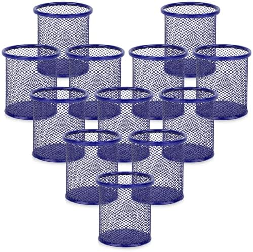 Segarty Pen Cup Holder for Desk, 12 Pack Round Dark Blue Pen Holder, Wire Mesh Pencil Cups Organizer Set for Office Supplies, School Classroom, Desktop Accessories, Makeup Brush by Segarty