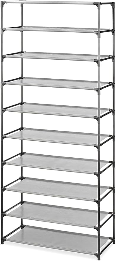 Whitmor Spacemaker 10 Tier Shoe Rack Tower, Tall Metal & Fabric Shoe Shelf Organizer for Entryway, Garage, Holds Shoes, Handbags & Accessories, 12"D×24.5"W×60"H