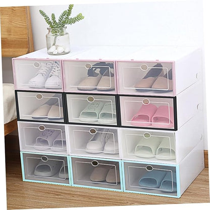 6PCS Thickened Transparent Shoe Containers Plastic Storage Boxes for Men Black Frame White Stackable Organizer for Closet and Shelf Shoes Storage
