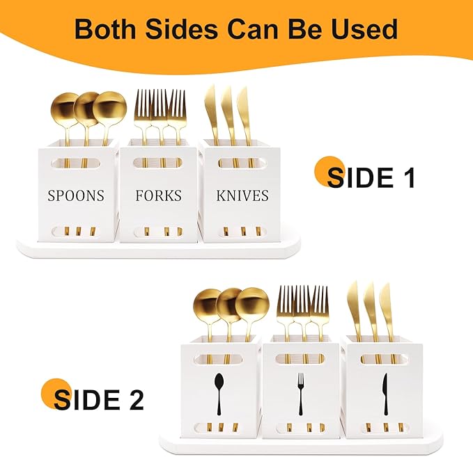 Ayiaren Wooden Flatware Silverware Caddy for Party White Cutlery Holder Small Utensil Holders for Kitchen Counter Wood Silverware Organizer Countertop Knife Fork and Spoon Holder Table Utensil Caddy
