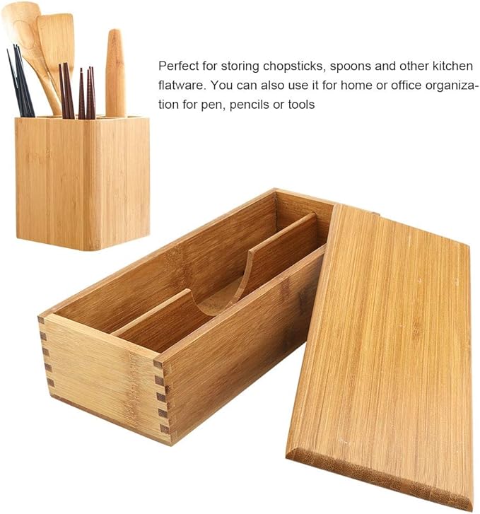 Chopsticks Storage Box with Lid - Bamboo Silverware Storage Utensil Drawer Organizer - Japanese Chopsticks Boxes with Lid - Cutlery Box Utensil Holder Container for Home Kitchen