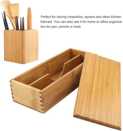 Chopsticks Storage Box with Lid - Bamboo Silverware Storage Utensil Drawer Organizer - Japanese Chopsticks Boxes with Lid - Cutlery Box Utensil Holder Container for Home Kitchen