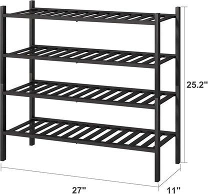 viewcare 4-Tier Black Bamboo Shoe Rack for Entryway, Stackable | Foldable | Natural, Shoe Organizer for Hallway Closet, Free Standing Shoe Racks for Indoor Outdoor
