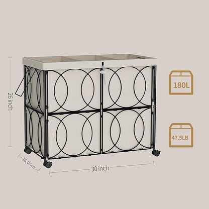 Laundry Hamper with 3 Section, Large 180L Rolling Laundry Basket with Wheels, Metal Heavy Duty Laundry Hamper with Detachable Bags, Dirty Clothes Hamper Organizer for Bedroom, Bathroom(Beige)