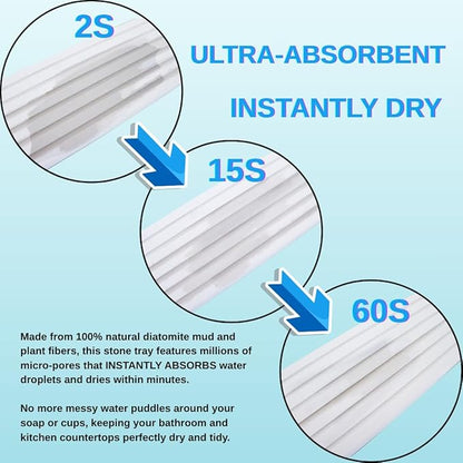 3PCS Water Absorbing Stone Tray, Premium Diatomite Soap Holder & Coaster Mats for Bathroom and Kitchen Sink, Fast Dry Sink Organizer for Countertop with Non-Slip Base, 8.3 x 4 & 4 x 4 Inches, White