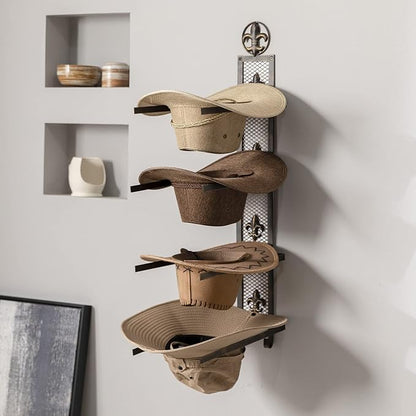 Cowboy Hat Rack for Wall, Metal Fleur-De-Lis Cowboy Hat Holder for 4 Hats, Vertical Western Hat Rack Wall Mount, Rustic Fold-Up Wall Hanging Decorative Hat Racks, 13.8”W x 32.6”H