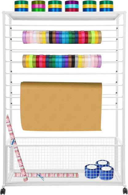 16-Tier Double-Sided Ribbon Holder Organizer Rack with Storage Basket & Wheels, Multifunctional Flower Wrapping Paper Display Stand for Craft Rooms, Flower Shops (White, 39.37''W x 12.6''D x 59.06''H)