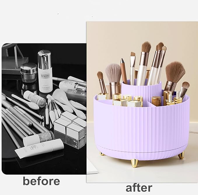 360 Degree Rotating Makeup Brush Holder Organizer Detachable Design 5 Slot Make up Brushes Cup for Cosmetics and Pencil Pen Organizer for Desk Makeup Organizer Skincare Storage for Vanity（Purple）