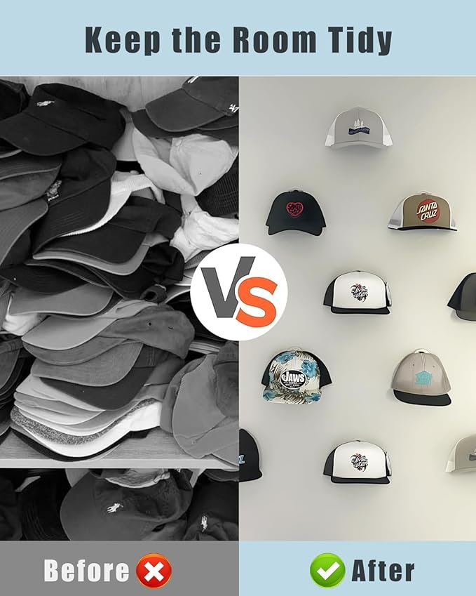 Adhesive Hat Hooks for Wall - 2 Different Ways Hat Racks to Organize & Display Baseball Caps, Hat Wall Hanger, Hat Organizer Rack for Men (Black, 12 Pack)