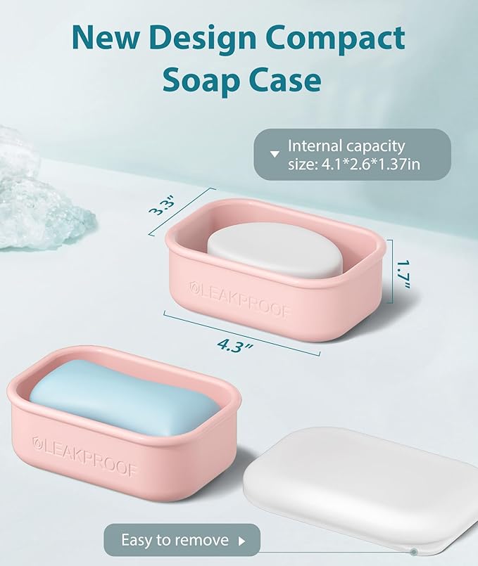 Quatish Compact Leakproof Travel Soap Case, Silicone Soap Box with Draining Layer, Enhanced Soap Container, Suitable for Camping, Gym, Bathroom, Outdoor Essentials, Pink