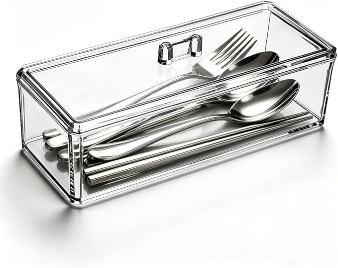 Flatware Tray with Lid, Clear Silverware Tray Kitchen Cutlery Tray and Utensil Storage Container for Flatware and Silverware