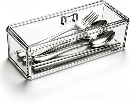 Flatware Tray with Lid, Clear Silverware Tray Kitchen Cutlery Tray and Utensil Storage Container for Flatware and Silverware