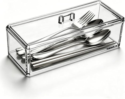 Flatware Tray with Lid, Clear Silverware Tray Kitchen Cutlery Tray and Utensil Storage Container for Flatware and Silverware