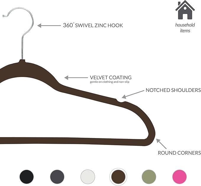 Simplify Slim Velvet Clothes Hangers | 50 Pack | Non-Slip | Shirts | Suit | Pants | Dresses | Garments | Closet Storage & Organization | Durable | Chocolate