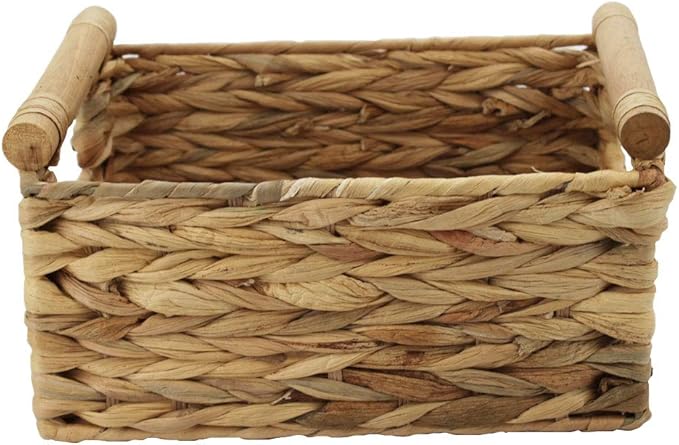 Storage Basket made by Water Hyacinth with Wood Handles, Arts and Crafts. (Small) Natural
