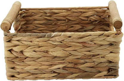 Storage Basket made by Water Hyacinth with Wood Handles, Arts and Crafts. (Small) Natural