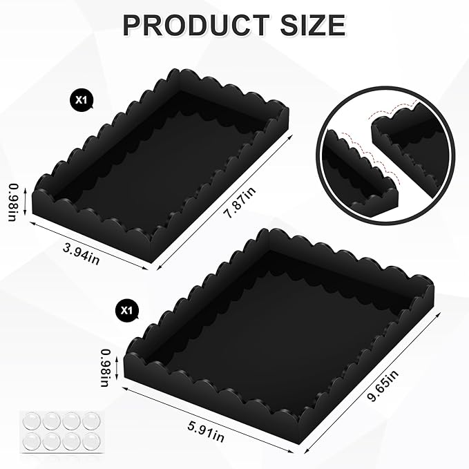 2 Pack Acrylic Bathroom Vanity Tray 7.9" and 9.6", Soap Dispenser Decorative Scalloped Tray for Bathroom Kitchen Living Room Decor Vanity Perfume, Black