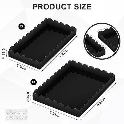 2 Pack Acrylic Bathroom Vanity Tray 7.9" and 9.6", Soap Dispenser Decorative Scalloped Tray for Bathroom Kitchen Living Room Decor Vanity Perfume, Black