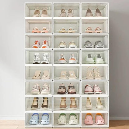 24PCS Transparent Plastic Shoe Box Organizer,Portable Folding Shoe Rack with Clear Door, Space Saving Sneaker Container Bin Holder,Easy To Clean And Install,White