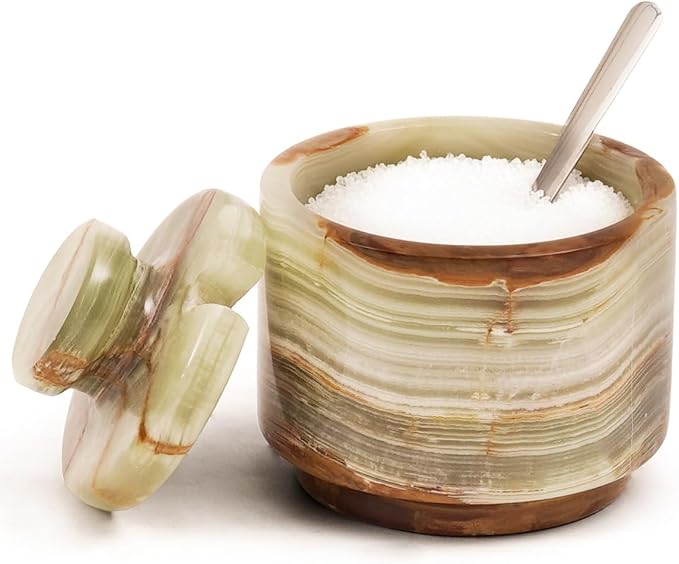 MARBLOUS KRAFTS Marble Salt Cellar with Lid & Spoon 3" Green Onyx Seasoning Container, Spice Holder, and Salt Bowl for Countertop, Perfect for Kitchen Storage, Sugar Jar, and Gift for Her