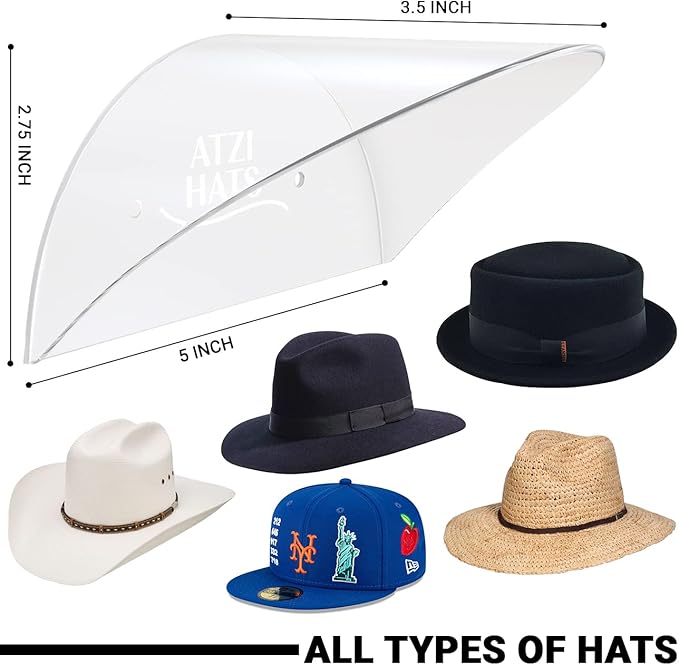 Hat Hanger Baseball Cap Fedora Western Cowboy Trucker Wall Holder Hat Hook Hat Organizer Display Rack All Types of Hats Minimalist Décor Clear Acrylic Fathers Day Gift - 2 Pack