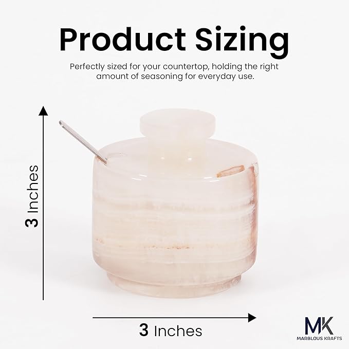 MARBLOUS KRAFTS 3" Marble Salt Cellar with Lid & Spoon White Onyx Flaky Salt Box, Sugar Jar, and Spice Storage Container for Kitchen Countertop, Perfect Ideal Mother’s Day Gift for Mom