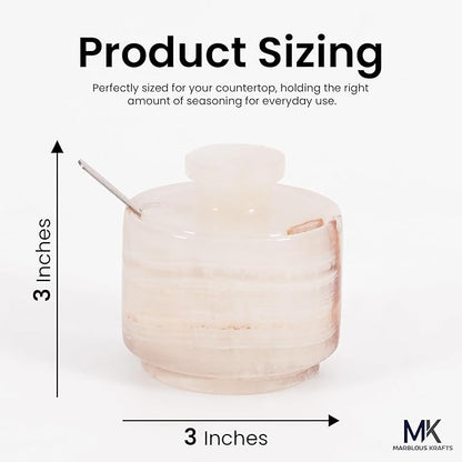 MARBLOUS KRAFTS 3" Marble Salt Cellar with Lid & Spoon White Onyx Flaky Salt Box, Sugar Jar, and Spice Storage Container for Kitchen Countertop, Perfect Ideal Mother’s Day Gift for Mom