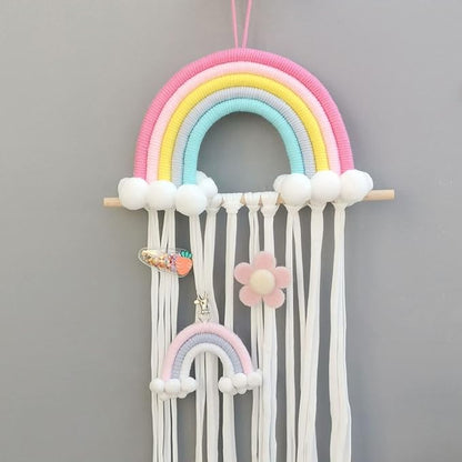 Rainbow Tassels Hair Bows Holder Hanging Baby Hair Accessories Storage Headband Holder Hair Clips Organizer Rainbow Hairpins Hanger Wall Hanging Rainbow Decoration