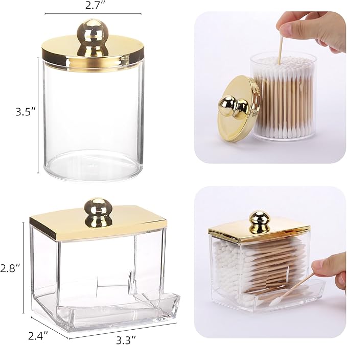 Tbestmax 2 Pack Qtips Dispenser - Bathroom Organizers and Storage Containers, Plastic Apothecary Jars with Gold Lids for Cotton Ball Swab Round Pads, Floss