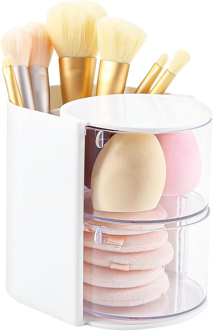 DASITON 2-Layer Makeup Brush Holder with Hair Accessories Organizer, Rotatable Desktop Organizer Case for Hair Clip, Makeup Sponge, Jewelry and Hair Accessories, Hair Brush Holder for Vanity (White)