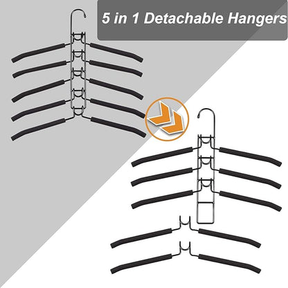 Clothes Hangers Space Saving: 4 Pack 5 in 1 Multi Layer Metal Hanger Racks Non-Slip Foam Padded Heavy Duty Thick Magic Hanger Closet Organizers and Storage for Coat Sweater Suit T-Shirt.